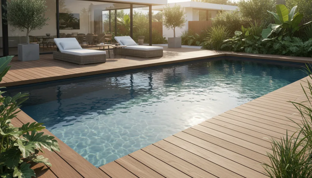 Terrasse bois piscine sans margelle : atouts et installation réussie